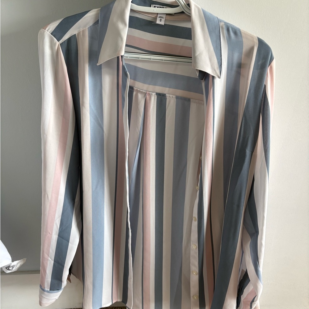 Express Striped Button Down Blouse | Blue Pink White | Size M
